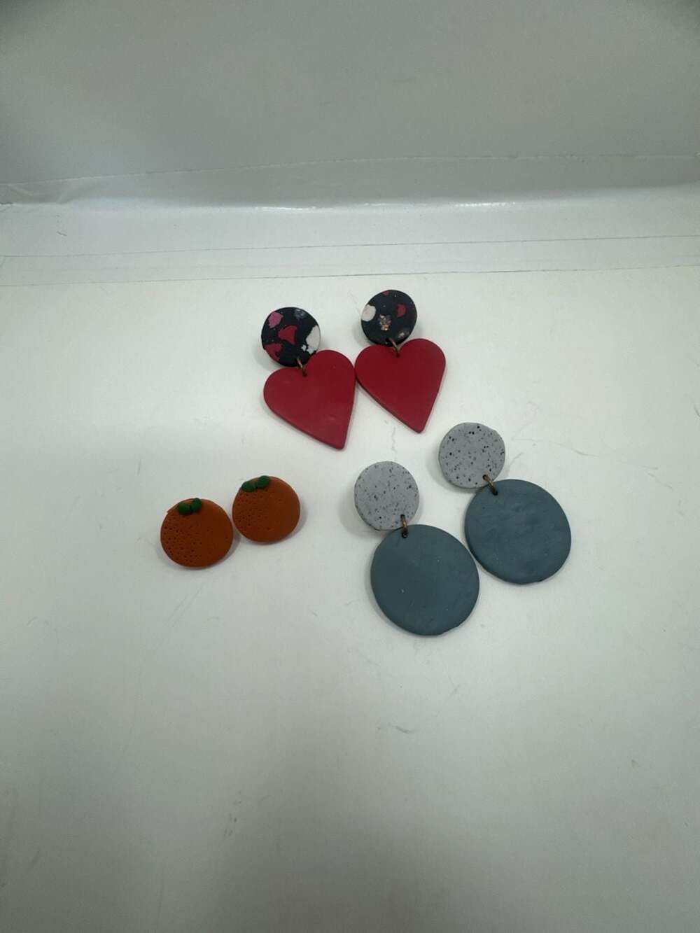 Set of 3 Handmade Polymer Clay Earrings (Heart, Orange, and Blue Circle Styles)